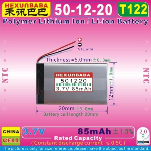 10pcs [T122] 3.7V 85mAh [501220] NTC,THREE 3 WIRE;Polymer Li-ion battery for bluetooth earphone,SMART WATCH;mp3,mp4,MP5