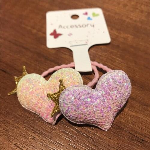 2pcs Rainbow Hairband Heart Glitter Fabric Pink Elastic Rubber Hair Rope DIY Accessories Chaim Headwear For Girl Baby Party Gift