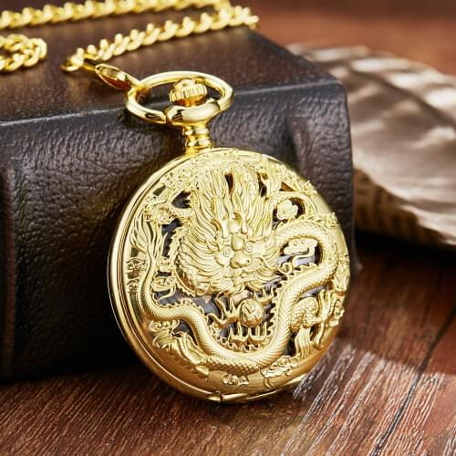 Luxury Golden Mechanical Pocket Watch Dragon Laser Engraved Clock Animal Necklace Pendant Hand Winding Clock Men Fob Watch Chain