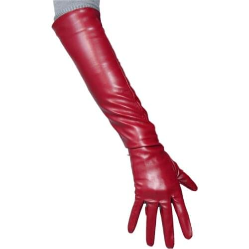 Long Leather Gloves 50cm Over Elbow Simulation Leather Imitation Leather Imitation Sheepskin PU Deep Wine Red Crimson PUSH50