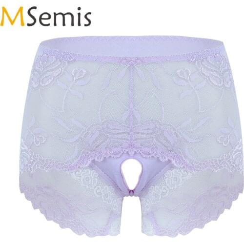 Women Lingerie Crotchless Underwear See-through Lace Patchwork Open Crotch Panties Mid Waist Briefs Elastic Waistband Underpants