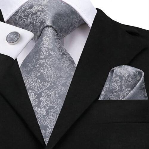 Hi-Tie Dropshipping 100% silk Tie for Men Gray Tie Paisley Necktie Set Pocket Square Cufflinks Suit Tie Business Party SN-3153