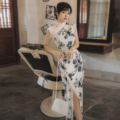 Chinese Women Dress Cheongsam Qipao Vintage Printed Chinese Traditional Cheongsams X Elegant Girls Sleeveless Lace Dress Party