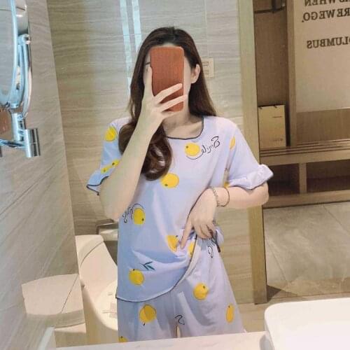 Summer 2 Pcs Pajamas Set 2020 New Letter Fruit Print Suit Loose Short Sleeve Round Neck Womens Home Wear