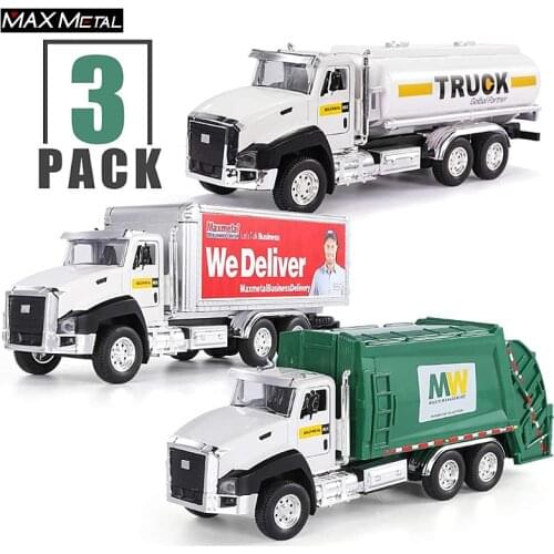 Diecast Transport Vehicle, Garbage Truck, Tanker Truck, Express Delivery Truck, Metal Collectible Model Pull Back Cars for Boy