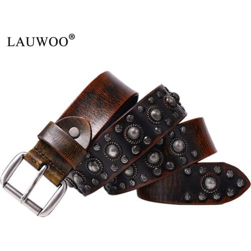 LAUWOO 100% head layer cowhide Heavy Metal Vintage Rivet Punk Men Belt Jeans Belts Men Leather Stud Mens Strap Wide