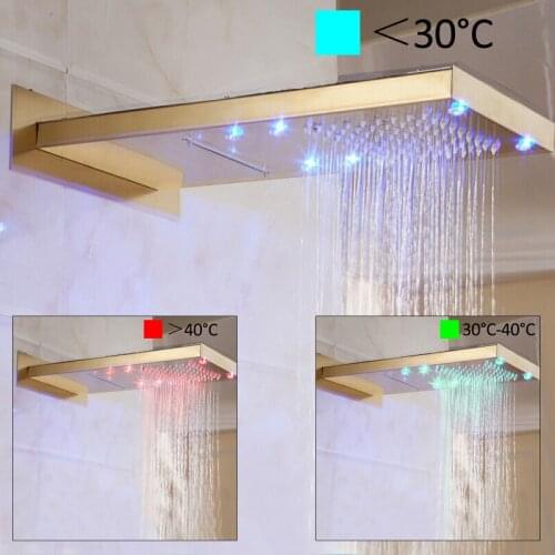 Vidric Golden In Wall Mounted Shower Set Faucet LED Rainfall Waterfall Shower Head 3 Way Function Single Handle Mixer Tap Shower