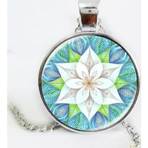 New FLOWER OF LIFE Dazzling Blue Kaleidoscope Mandala Jewelry Geometric Floral Art Print Mandala Art Necklace