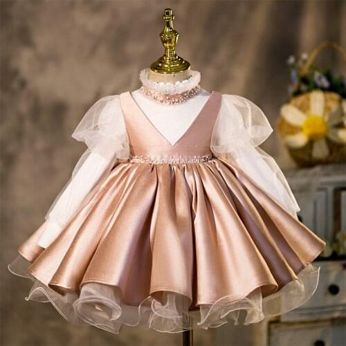 Baby Toddler Kids Clothes Girls Lolita Dress Evening Prom Dresses Teens Short Sleeve Beading Princess Party Dress Pink Vestidos