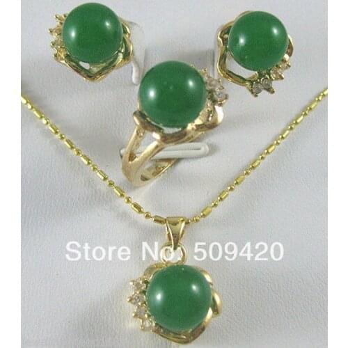 Wholesale>>>New Green jade black stone Earrings&Ring&Necklace Pendant Set AAA