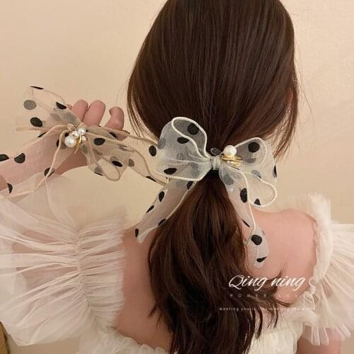 Korean fashion simple personality head rope crystal pearl love bow hair rope net red design hair accessories for women