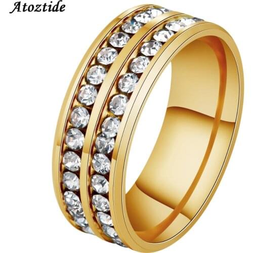 Atoztide Simple 8mm Stainless Steel 2 Rows Line Clear Crystals Rings Fashion Round Love Midi Finger Ring Wedding Gift For Lover