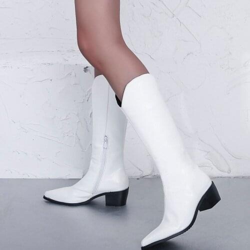 New Embossed Faux Leather Ladies Knight Boots Autumn Winter Fashion Zipper Thick-Heel Knee High Boots Plus Size Womens Shoes