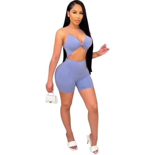 Sexy Women Jumpsuit Spaghetti Strap Solid Color Hollow Out Bodycon Backless Short Romper Women Jumpsuit Outfit