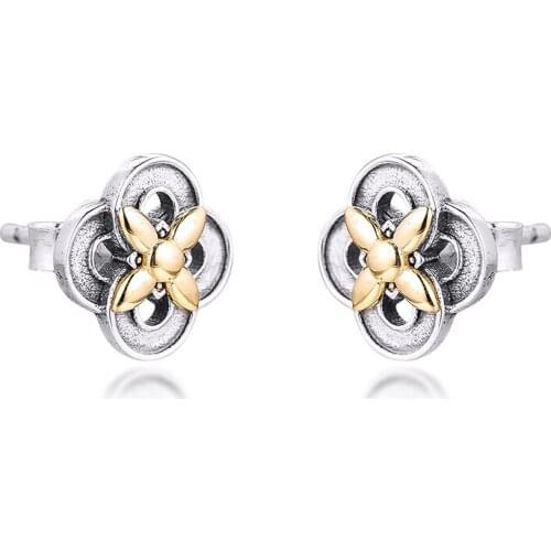 14k real golden Two-tone Flower Stud Earrings 100% 925 Sterling-Silver-Jewelry Free Shipping
