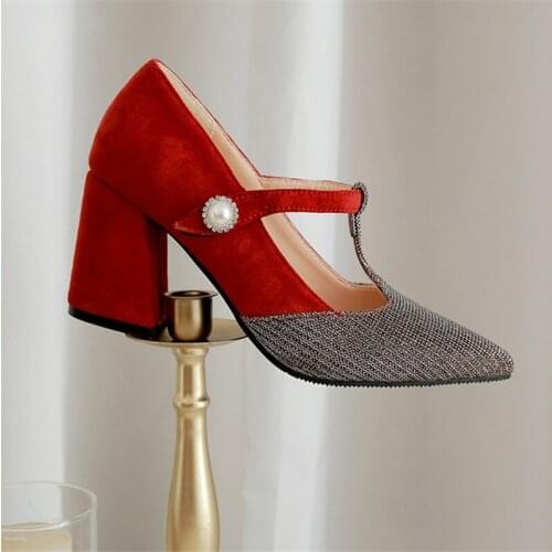 Woman Flock Slip On Pointed Toe Pumps Women Chunky High Heels Shallow Sequins Elegant Ladies Shoes Female Dress Shoes black
