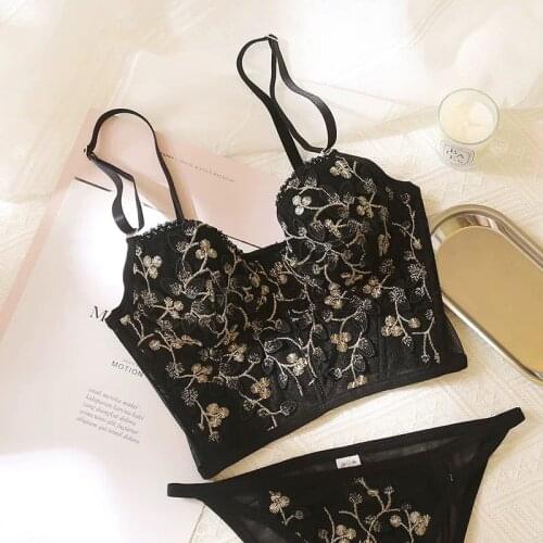 Retro Embroidery Flower Bralette Lace Thin Bra And Panties Set Sexy Black Blue White Fairy Wide-Breasted Adjustable Underwear