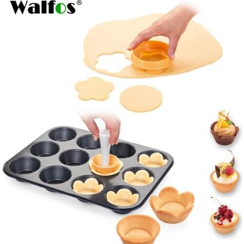 WALFOS Plastic Pastry Tamper Tart Shell Molds Tart Cutter Flower/Round Dough Cookie Cutter Set Cupcake Mold for Muffin/Cupcake