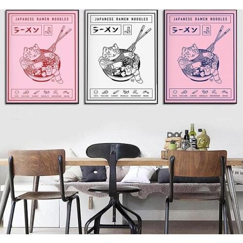 Japanese Ramen Cartoon Cat Canvas Painting Wall Art Nordic Posters and Prints Wall Pictures for Living Room Decoration Frameless