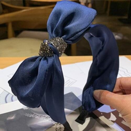 Navy Blue Color Side Bowknot Headband Crystals Women Solid Bow Knotted Hairband Teen Girls Silk Outdoor Satin Headband Crystals