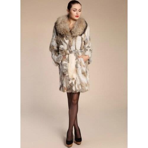 100% Real genuine natural rabbit fur coat with raccoon fur collar womens fashion fur jacket with belt ladies overcoat outwear