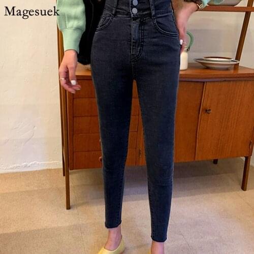 Zipper with Button Womens Jeans Casual Korean Style Slim Autumn 2020 New High Waist Stretch Black trousers women Femme 10400