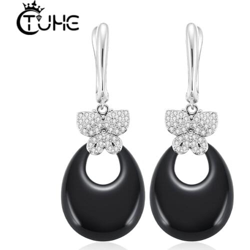 Elegant Water Drop Ceramic Earrings With Luxury Butterfly Wedding Bridal Earrings For Women Black White Blue Ceramic Engagement