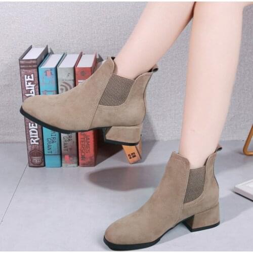 Retro Elastic Band Ankle Boots Flock Winter Boots Women Shoes Woman Slip on Ladies Boots Square Mid Heels Botas Mujer Plus Size