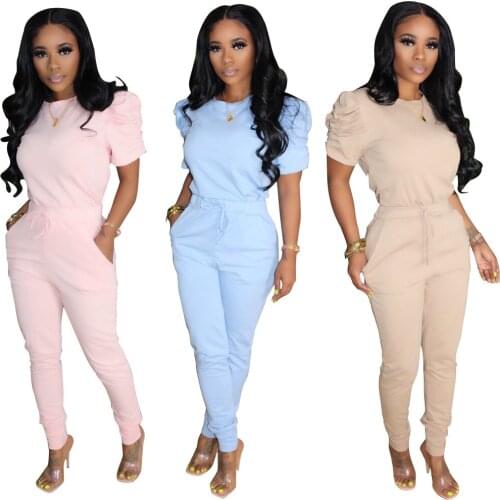 2020 Summer Women Clothes Suit Casual Sports Top Trousers Two Pieces Set Pleated Puff Sleeve T-shirts Jogger Pants Tracksuit 3XL