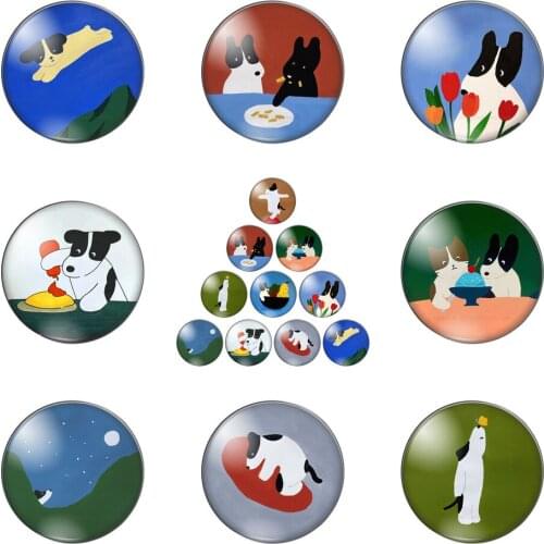 Cartoon Cute Funny Dog and Flowers 10pcs Mix 12mm/14/16/18mm/20mm/25mm Round Photo Glass Cabochon Demo Flat Back Making Findings