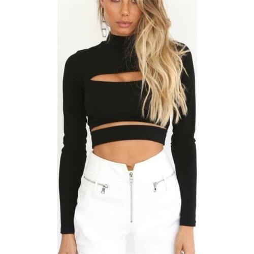 2019 Brief Women Black Shirts Long Sleeve Solid Midriff-baring Tops Ladies Front Hollow Out Turtleneck Blouses Women Shirts