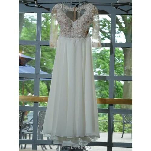 Ball Gown Wedding Dress V Neck Sheer Back Custom Made Cotton Lace Appliques Chiffon Illusion Bridal Gowns