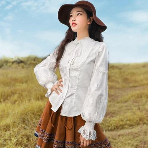 Brand Shirts Women 2021 Spring Retro Lace Stitching Lantern Sleeve White Blouse Blusas Girls All-match Tops
