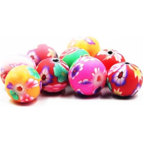 50pcs Polymer Clay Soft Bead Loose Beads 6~16mm Round Printing Flower Mixed Colors Jewelry Making DIY Bracelet Earring Part