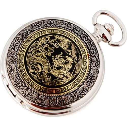 10pcs/lot Antique Silver Flying Dragon Mechanical Pocket Watch with Chain Men Women Pocket Watches Collection