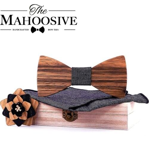 Wood Original Design Natural Wooden Bow tie Exquisite Handmade Mens BowTie Brooch Pin Wooden Gift Box Set for Wedding