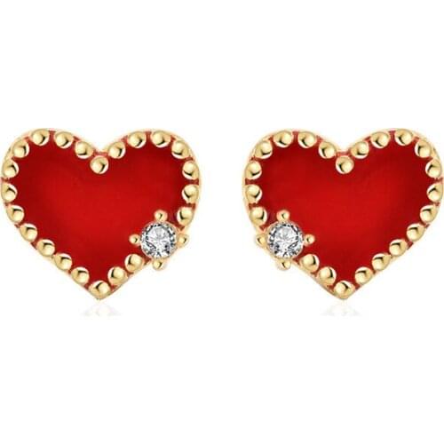 JQUEEN S925 Heart-shaped Red Earrings Girl Womens Zircon Stud Earrings Jewelry Gift