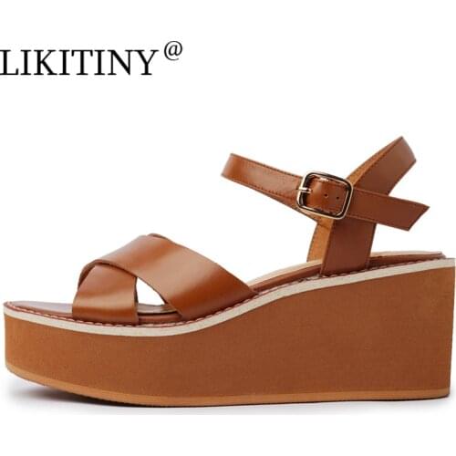 LIKITINY 2021 Summer Platform Genuine leather Sandals Womens shoes Buckle strap High heels Brown Wedges Casual sandals size 33