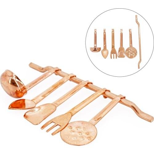 Odoria 1:12 Miniature 5PCS Kitchen Utensil with Rack Copper Kitchenware Cookware Set Dollhouse Accessories Doll House Decoration