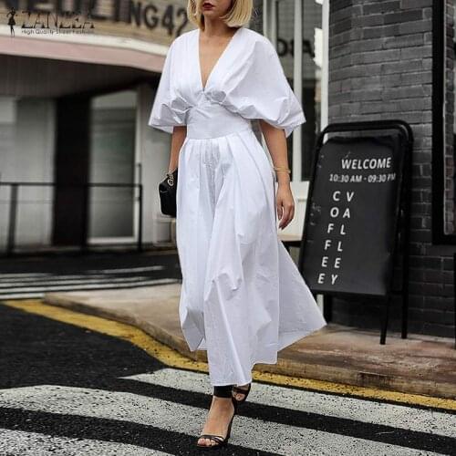 Fashion Womens Pleated Sundress 2021 ZANZEA Holiday Maxi Dress Casual Puff Sleeve Summer Vestidos Female V Neck Robe Plus Size
