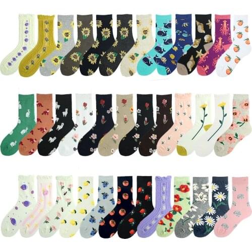 Korean Style Women Jacquard Funny Socks Art Floar Fruit Animal Happy Kawaii Socks Novelty Harajuku Skarpetki Sokken Feminino