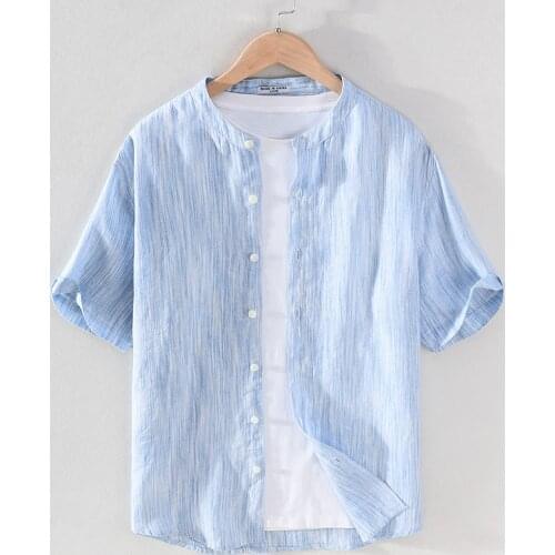 2021 new Suehaiwes brand Italy pure linen shirt men short sleeve casual striped shirts for men tops mens clothing chemise