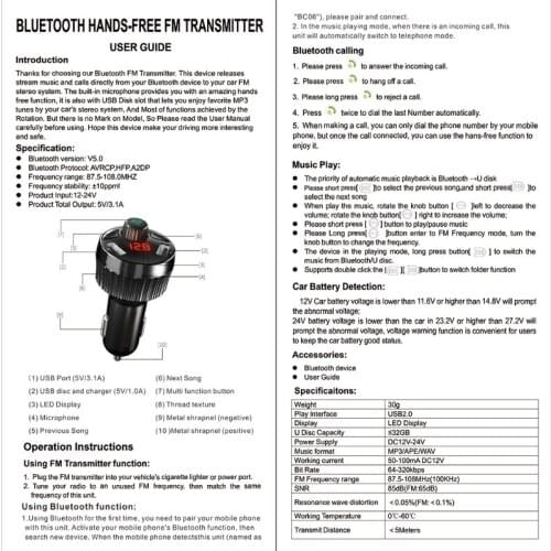 2021 New Car Bluetooth5.0 Wireless FM Transmitter,QC3.0 Fast Charging USB Charger Car Kit