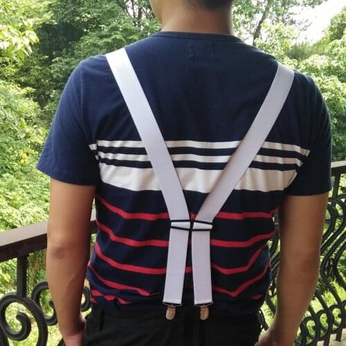 Fashion Men Suspenders 3.5 Width 4 Clips Suspenders Adjustable Elastic white color Rib strap X Back Women Pants Braces BD065