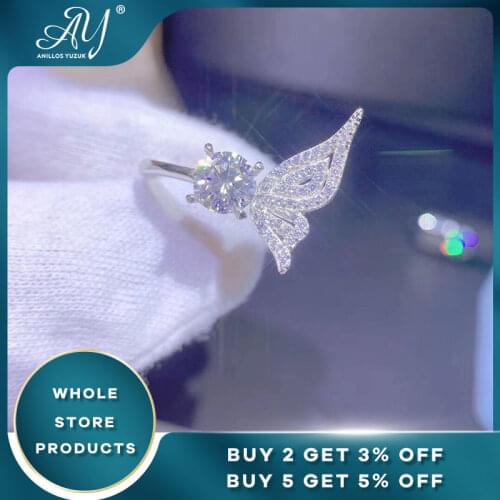 Anillos Yuzuk Luxury White Gold Wing Ring Original 1.0ct Zirconia Diamond Wedding Band Silver 925 Jewelry To Women Love Gift