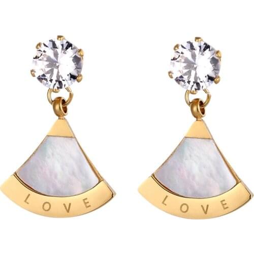 Stainless Steel Zircon Earring Hang Scalloped Shells and Love Drop Earring Women Fashion Jewelry Gold Silver Color Eardrop