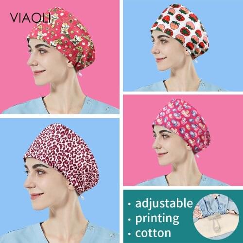 Viaoli scrubs Hats Long Hair Fashion Printed Chef Cooking Skull Caps Tooth Health Check Scrubs Women Hats Pet Grooming Work Caps