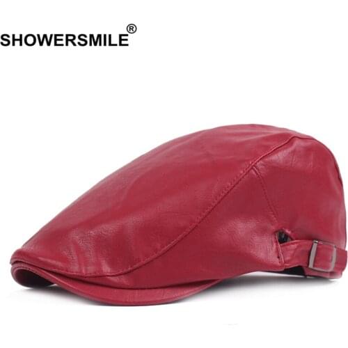 SHOWERSMILE Winter Hat PU Leather Red Mens Beret Retro Casual Warm Autumn Winter Male Solid Brand Adjustable Flat Cap