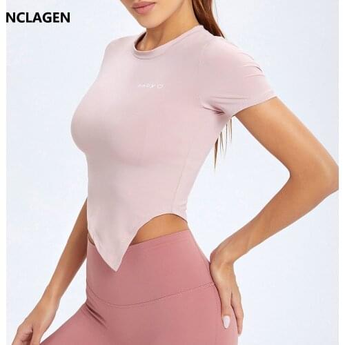 NCLAGEN Sports T-shirt Women Short Sleeve Round Neck Slim Yoga Blouse Triangle Edge Elastic Gym Workout Running Fitness Top