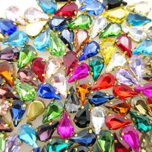 Colorful glass Crystal strass Gold claw flatback 6*10mm 8*13mm narrow teardrop Sew on rhinestone garment bags applique diy trim